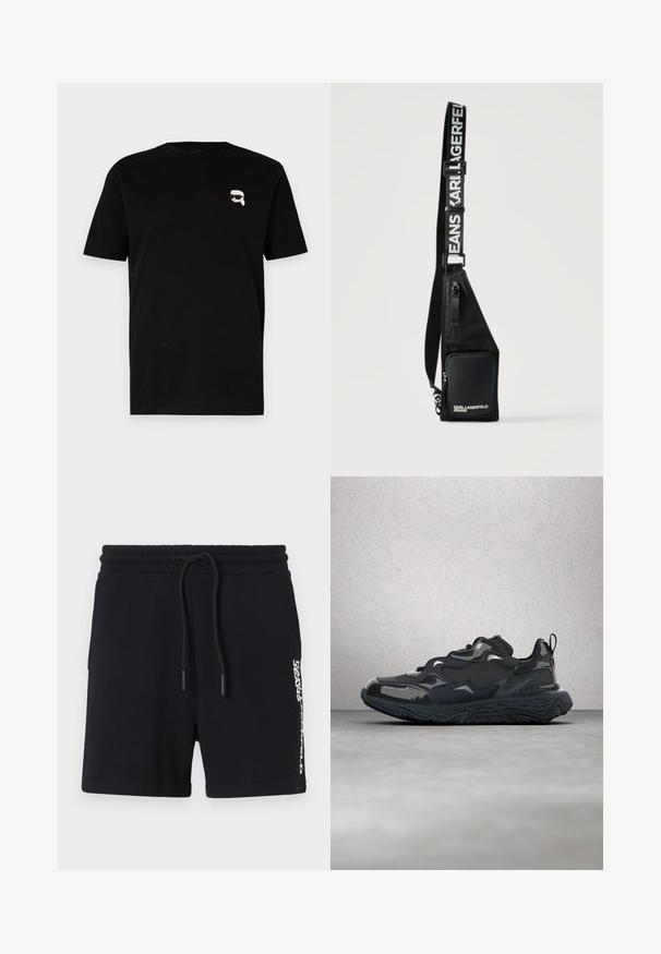 Sort bomulds t-shirt med korte ærmer, der har et lille hvidt grafisk motiv af en karakter med briller på venstre bryst. Klassisk crew neck design.; Sorte bomulds shorts med snoretræk i taljen, prydet med et hvidt logo print på siden og en glat overflade. Klassisk design.; Sort løbesko med tekstureret overdel, glatte detaljer og en chunky sål med bølgemønster, designet for komfort og holdbarhed.; Sort crossbody taske med lynlåslomme foran og justerbar rem med teksten "KARL LAGERFELD JEANS" i hvide bogstaver.