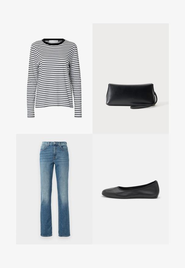 Hvid langærmet skjorte med sorte vandrette striber og en sort rund hals, vist på en ensartet hvid baggrund.; Lys blå denimjeans med lige ben, fem lommer og subtilt slid. Har metalknap og lynlåsåbning.; Sort læderballetsko med rund tå, glat tekstur, minimal syning og et fleksibelt såldesign.; Sort glat læder clutch taske med tyndt håndledsrem, rektangulær form og diskret præget logo centreret foran.