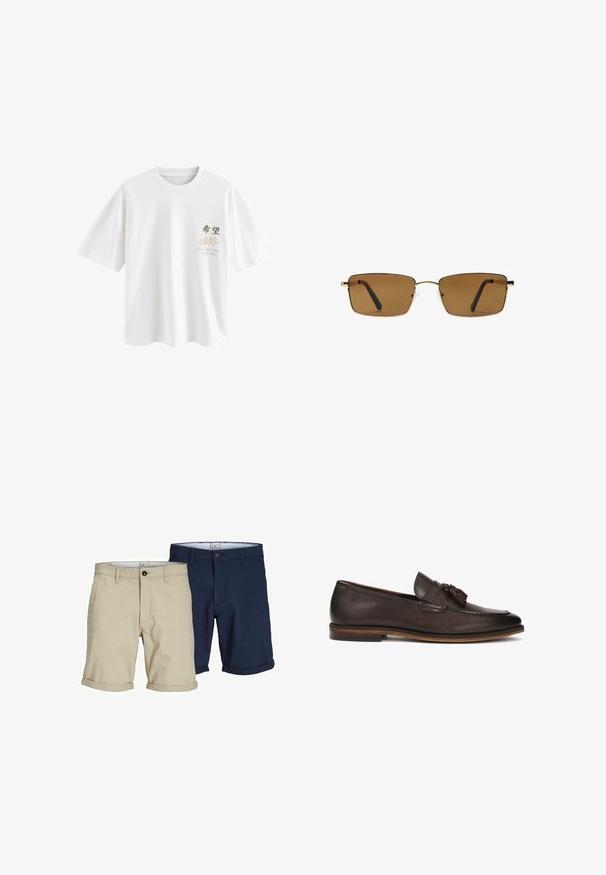 Next T-SHIRT - T-shirt print - white japan; Khaki en marineblauwe katoenen shorts met opgerolde manchetten, voorzien van knoopsluitingen en een strakke uitstraling, geschikt voor casual kleding.; Donkerbruine leren instappers met een gladde textuur, decoratieve kwastjes en een contrasterende bruine zool. Klassiek slip-on ontwerp.; Rechthoekige zonnebril met dunne gouden metalen monturen en bruin getinte glazen, afgebeeld tegen een witte achtergrond.