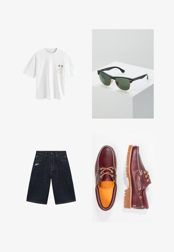 Next T-SHIRT - T-shirt print - white japan; Donkerblauwe denim knielange shorts met voorzakken, ceintuurlussen, knoopsluiting en witte geborduurde tekst op de linkerzak.; Bordeaux leren schoenen met bruine rubberen zolen, ronde neus, witte stiksels en gouden veterogen. Het interieur heeft een gele voering.; Ray-Ban zonnebrillen met groene lenzen, zwarte plastic monturen en gouden accenten aan de randen. Vierkante vorm met een matte afwerking.