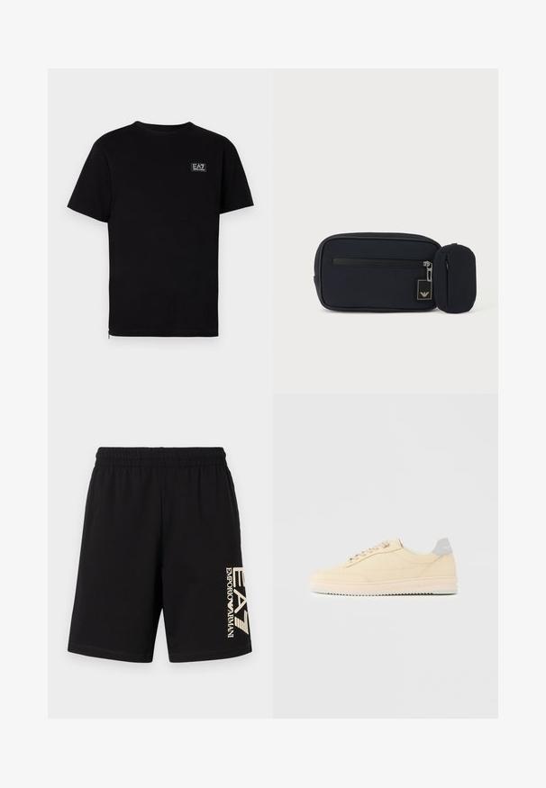Camiseta de algodón negra con mangas cortas, escote redondo y un pequeño logo rectangular en el lado izquierdo del pecho. Diseño simple, sin patrones.; Pantalones cortos negros con una cintura elástica, fabricados con una tela suave. Presenta un logotipo dorado impreso verticalmente en el lado izquierdo.; Zapatilla deportiva beige de corte bajo con cierre de cordones en la parte delantera, suela rosa claro y lengüeta trasera gris con la marca "Filling Pieces", mostrada de perfil sobre un fondo liso.; Bolsa rectangular negra con cremallera frontal y pequeña bolsa redondeada adjunta, sobre un fondo claro y liso.