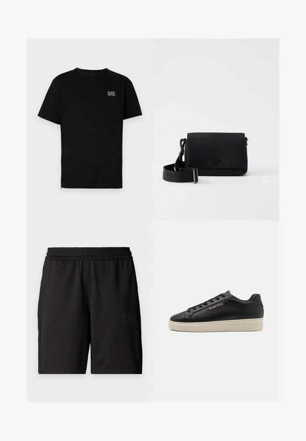 Camiseta de algodón negra con mangas cortas, escote redondo y un pequeño logo rectangular en el lado izquierdo del pecho. Diseño simple, sin patrones.; Pantalones cortos deportivos negros hechos de un tejido ligero, con una cinturilla elástica y paneles laterales de malla. Logo de la marca impreso en la parte delantera.; Zapatilla de cuero negra con un acabado suave, suela crema en contraste, puntera redonda, logo dorado en el lateral y seis ojales para los cordones.; Bandolera negra hecha de material suave, con cierre de solapa y logo en relieve. Incluye una correa ajustable a juego.