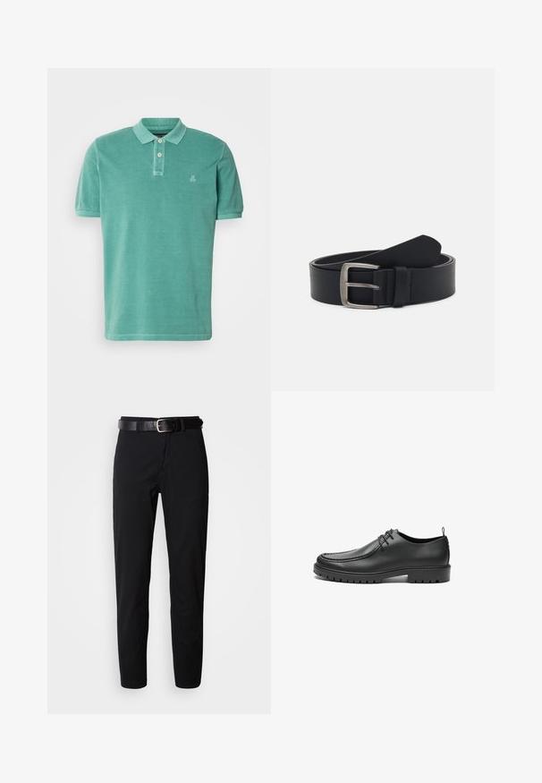 Teal värvi polo särk, valmistatud puuvillast, klassikalise krae, kahe nööbiga nööpaua ja väikese logoga vasakpoolsel rinnal.; Mustad püksid sirge lõikega, sileda tekstuuriga ja must nahkrihm hõbedase pandlaga. Lihtne disain, ilma mustrite või aktsentideta.; Mustad musta nahast kingad sileda viimistlusega, ümarate varvastega ja dekoratiivse õmblusega. Omavad kummitalda koos haardevägede ja nöörimiskujundusega.; Mustast nahkrihm hõbedase metallitukkiga, millel on sile viimistlus ja klassikaline disain. Rihm on keritud, mille ots on suunatud ülespoole.