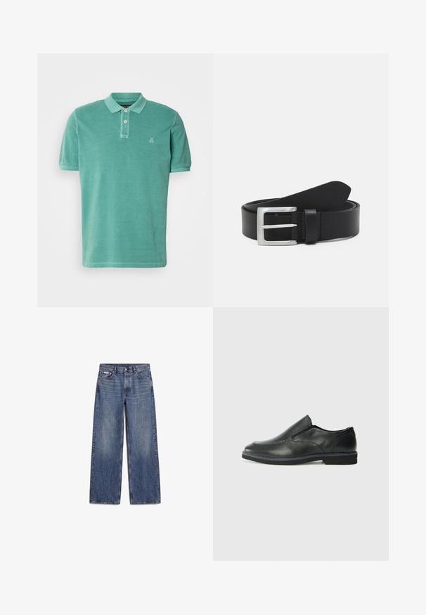 Polo skjorte i teal, lavet af bomuld med klassisk krave, to-knaps lukning og et lille logo på venstre side af brystet.; Blå straight-leg denimjeans med frontlommer, bæltestropper og knaplukning, lagt fladt på en hvid baggrund.; Sorte læder slip-on sko med en glat overdel, syede detaljer, rund tå og en lav gummihæl. Sålen har minimal profil.; Sort læderbælte med en glat overflade, sølv rektangulær spænde og en løkke til enden. Har pæne stikninger langs kanterne.