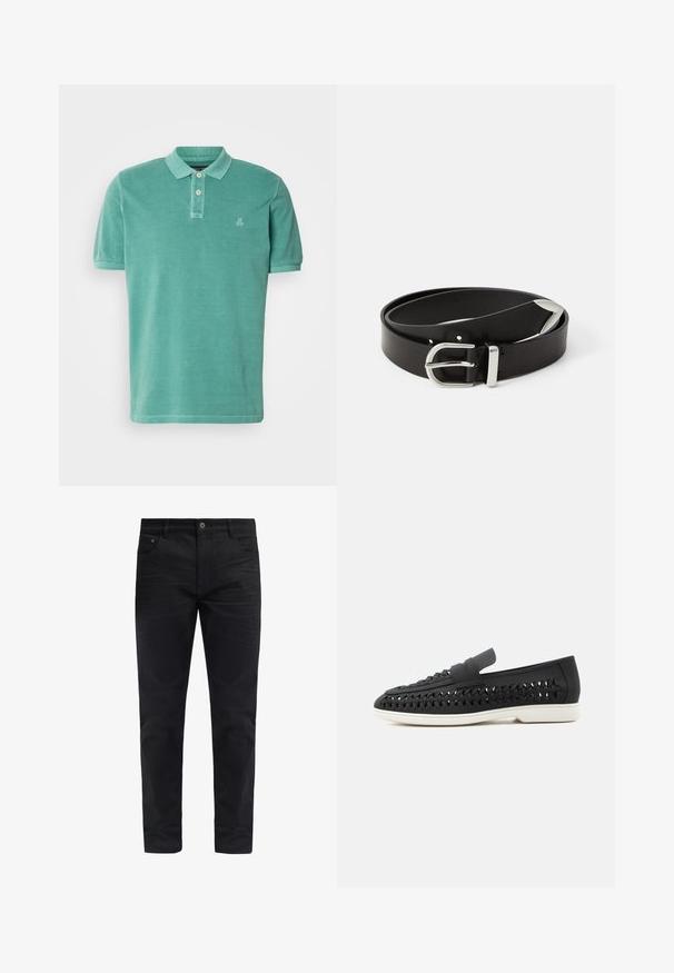 Polo shirt in teal, gemaakt van katoen met een klassieke kraag, een knoopsluiting met twee knopen en een klein logo aan de linkerkant van de borst.; Zwarte spijkerbroek met een slim fit, voorzien van een rits, zijzakken en een soepele textuur. Klassiek ontwerp, geschikt voor verschillende gelegenheden.; Zwarte geweven leren instapschoen met witte zool, lage hak en geperforeerde zijkanten voor ventilatie, gezien vanuit een zijaanzicht.; Zwarte leren riem met een zilveren metalen gesp, met een klassiek ontwerp en een gladde textuur. Inclusief gaatjes voor verstelbare pasvorm.