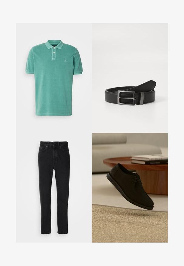 Polo skjorte i teal, lavet af bomuld med klassisk krave, to-knaps lukning og et lille logo på venstre side af brystet.; Sorte denim jeans med lige ben-design, med knap- og lynlåslukning, forlommer og subtile teksturer.; Sort læder snøresko, der svæver over beige tekstureret tæppe, med rundt træbord og stabler af bøger i blød fokus baggrund.; Sort læderbælte med en sølvmetal spænde, der har en glat overflade og et klassisk design. Bæltet er pænt foldet.