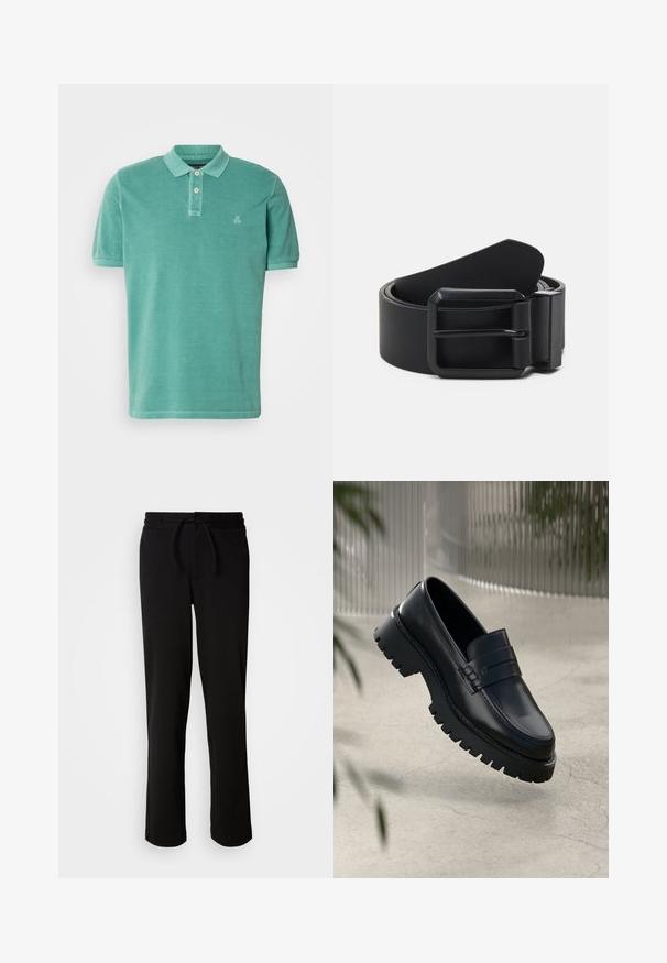 Polo skjorte i teal, lavet af bomuld med klassisk krave, to-knaps lukning og et lille logo på venstre side af brystet.; Sorte sweatpants med snor i taljen, lavet af blødt og strækbart stof. Har en afslappet pasform med lige ben og uden synlige lommer.; Sorte læder loafers med en chunky sål, der har en dekorativ rem og syninger. Glat tekstur med en poleret overflade.; Sort læderbælte med en mat sort metalspænde, der har en flad, glat overflade og en spids ende. Enkel design uden udsmykninger.