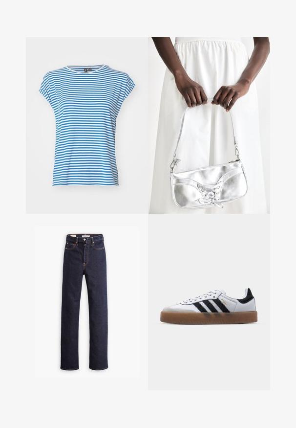 Camiseta de manga corta a rayas azules y blancas con cuello redondo. Material de algodón suave, corte relajado y aberturas laterales para facilitar el movimiento.; Jeans de mezclilla rectos de color azul oscuro con cinco bolsillos y costuras naranjas visibles sobre un fondo blanco.; Zapatillas de cuero blancas con rayas negras, suela de goma, puntera redonda, cierre de cordones y caperuza de ante gris suave.; Bolso metálico plateado con detalle de cordones, que presenta un diseño elegante y una correa corta. El bolso está sostenido con las manos, mostrando su textura.