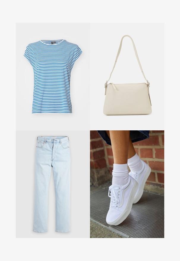 Camiseta de manga corta a rayas azules y blancas con cuello redondo. Material de algodón suave, corte relajado y aberturas laterales para facilitar el movimiento.; Vaqueros azul claro de tiro alto y pierna recta con cierre de botones y bolsillos delanteros y traseros sobre un fondo blanco liso.; Zapatillas de lona blancas con suelas de goma, que presentan seis ojales, puntera redonda y detalles de costura ligera, combinadas con calcetines blancos hasta el tobillo.; Bolso de hombro beige hecho de cuero suave con cierre de cremallera. Presenta un diseño simple, correa de hombro delgada y acentos de hardware metálico.