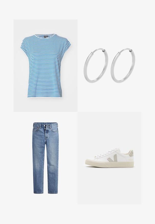 Camiseta de manga corta a rayas azules y blancas con cuello redondo. Material de algodón suave, corte relajado y aberturas laterales para facilitar el movimiento.; Jeans de mezclilla azul claros con corte recto, diseño de cinco bolsillos y cierre de botón. Presentan un ligero desvanecimiento y acentos de costura en naranja.; Zapatillas blancas de cuero con acentos en gris del logo V, suela de goma texturizada, cordones blancos y lengüeta y collar acolchados.; Pendientes de aro de plata, forma circular, textura lisa y brillante, y ancho constante en toda su extensión. Diseño minimalista sin acentos adicionales.