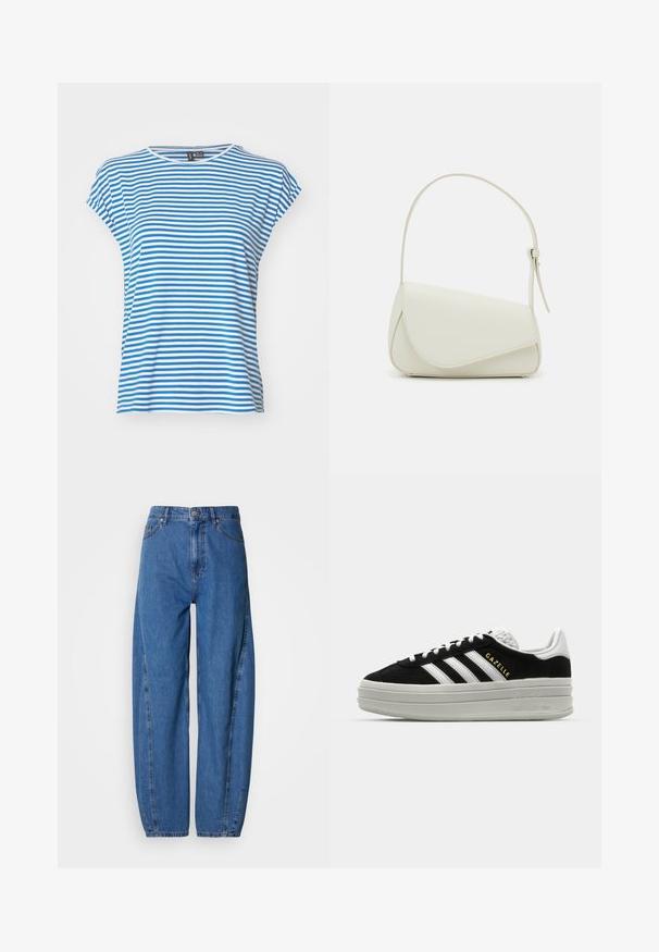 Gestreiftes T-Shirt in Blau und Weiß mit kurzen Ärmeln und Rundhalsausschnitt. Weiches Baumwollmaterial, lässige Passform und seitliche Schlitze für Bewegungsfreiheit.; Blaue Jeans aus Denim mit weitem Schnitt, hoher Taille, zwei Fronttaschen und geradem Bein. Absteppungen entlang der Nähte.; Schwarze Wildleder-Sneaker mit weißen Lederakzenten, drei weißen Streifen, flachen Schnürsenkeln und einer dicken grauen Plateausohle. Goldenes "Gazelle"-Branding.; Weiße Kunstleder-Handtasche mit einer strukturierten dreieckigen Form, einem verstellbaren Einzelgurt und einem Klappenverschluss mit geschwungenen Akzenten.