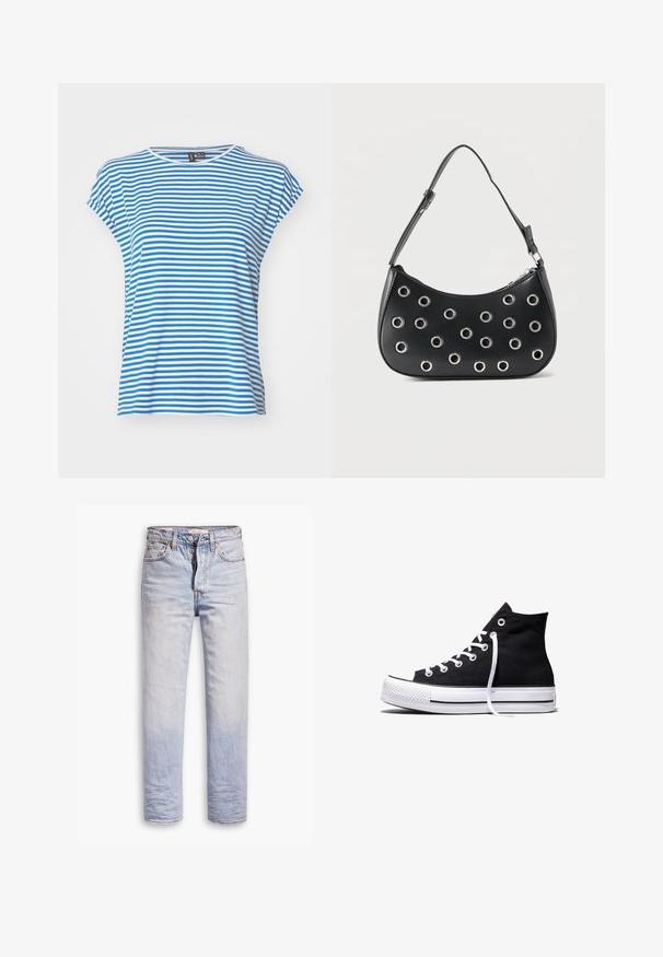 Blå og hvid stribet kortærmet T-shirt med rund hals. Blødt bomuldsstof, afslappet pasform og sideslidser for nem bevægelse.; Lyseblå denimjeans med lige ben, der har en knaplukning, fem lommer og en diskret falmning langs benene.; Sort high-top canvas sneaker med hvid gummisål og hvide snørebånd, vist fra siden mod en hvid baggrund.; Sort læder skuldertaske med justerbar rem, dekoreret med sølvfarvede metalnitter og lukning med øverste lynlås.