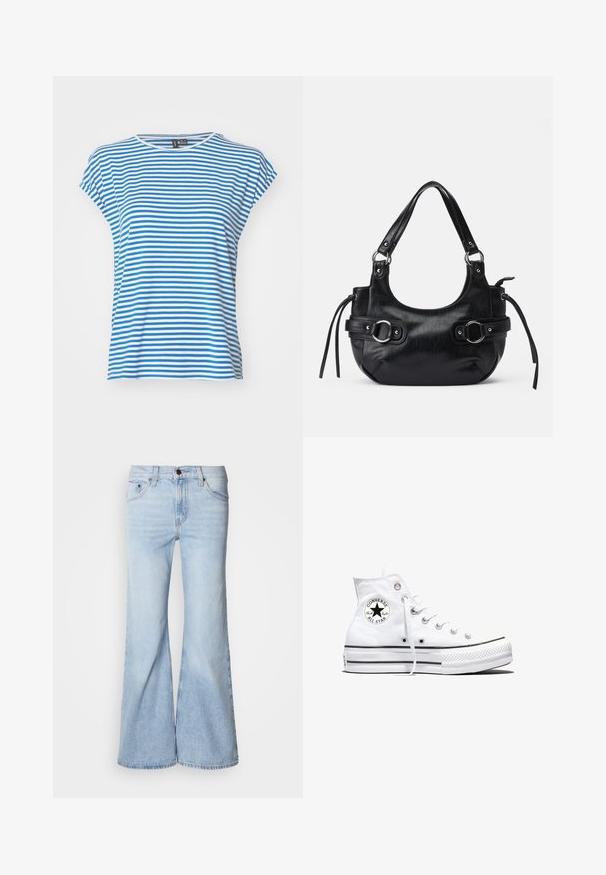 Camiseta de manga corta a rayas azules y blancas con cuello redondo. Material de algodón suave, corte relajado y aberturas laterales para facilitar el movimiento.; Jeans acampanados azul claro, con cintura alta, tejido vaquero, cinco bolsillos y cierre de botón. Las piernas son anchas y tienen un acabado ligeramente descolorido.; Zapatilla blanca de caña alta Converse Chuck Taylor All Star con parche de logo negro y cordones blancos, presentada sobre fondo blanco.; Bolso de cuero negro con forma redondeada, que cuenta con dos hebillas laterales, textura suave y una correa corta para el hombro. Los detalles incluyen borlas laterales.