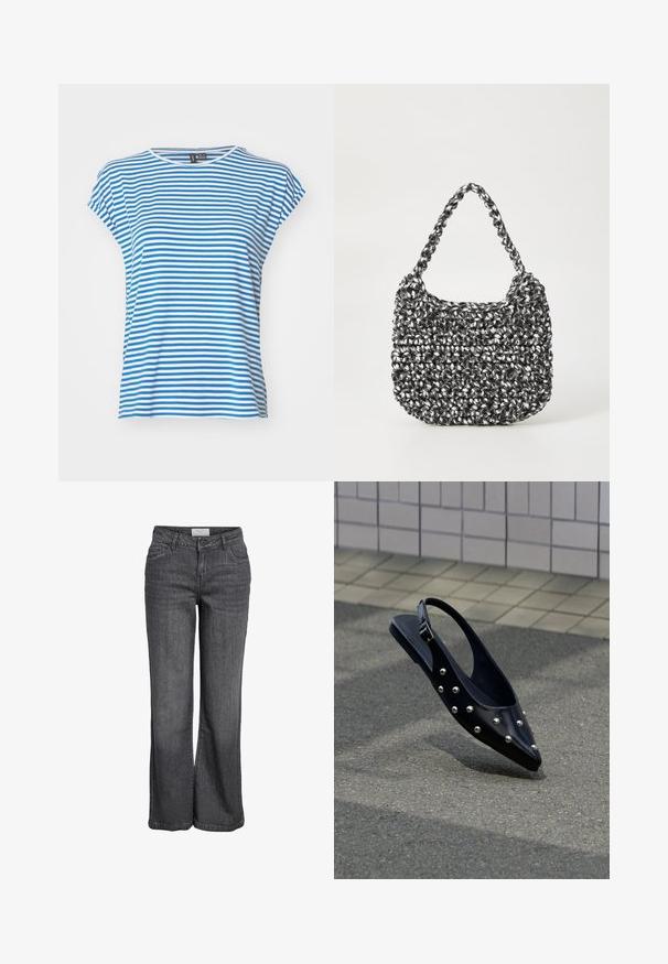Camiseta de manga corta a rayas azules y blancas con cuello redondo. Material de algodón suave, corte relajado y aberturas laterales para facilitar el movimiento.; Jeans de pierna ancha en denim gris oscuro. Presentan una cintura alta, un diseño tradicional de cinco bolsillos y un dobladillo limpio sin embellishments.; Zapato slingback negro puntiagudo con tachuelas plateadas, flotando sobre el asfalto cerca de una pared con azulejos de fondo.; Bolso de mano tejido en blanco y negro con forma redondeada, superficie texturizada y asa trenzada. Adecuado para uso casual.