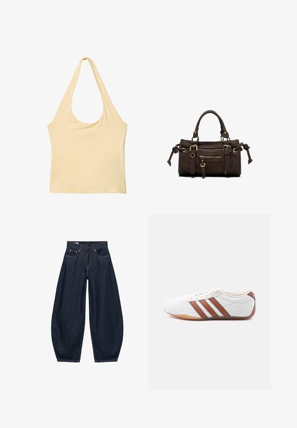 Haut sans manches beige clair à col halter profond avec un corsage ajusté sur fond blanc.; Jean en denim bleu foncé à jambes larges avec poches avant, passants de ceinture et fermeture par bouton à la taille.; Baskets blanches basses avec des bandes en cuir marron, fermeture à lacets et semelle en caoutchouc gomme, vues de l'intérieur sur fond blanc.; Sac à main en cuir marron foncé avec double poignée, poche avant zippée, boucles décoratives et nœuds latéraux sur fond blanc.