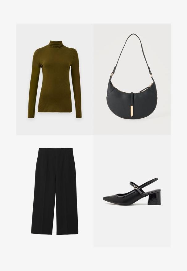 Langærmet, olivengrøn turtleneck-top lavet af blødt stof, med en tætsiddende silhuet og et slankt, minimalistisk design.; Sorte breddebenede bukser lavet af glat stof, med to forlommer, flad front og lynlås lukning på siden.; Sorte patentlæder slingback hæle med spids tå, rund udskæring og blokhæl. Har en guldtonet spændeaccents.; Sort håndtaske formet som en halvmåne med en enkelt rem, guld lynlås og en guldfarvet rektangulær dekorativ fane foran.