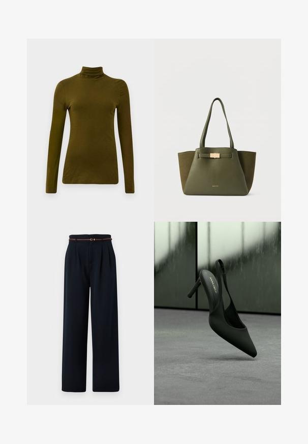 Langærmet, olivengrøn turtleneck-top lavet af blødt stof, med en tætsiddende silhuet og et slankt, minimalistisk design.; Sorte bukser med høj talje og vide ben med plisseringer og et tyndt, brunt flettet bælte, vist på en hvid baggrund.; Sort slingback sko med høj hæl, spids tå og ankelrem, mærket "ANNA FIELD", svævende let over en grå overflade.; Olivengrøn shoppertaske med en struktureret form, der har glat læder og ruskindsdetaljer, en guldlås og to skulderremme.