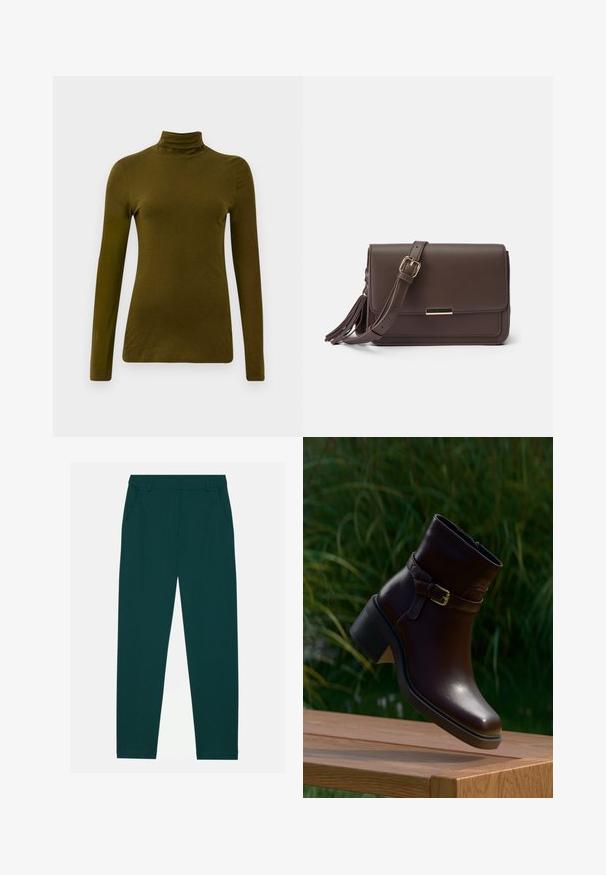 Langærmet, olivengrøn turtleneck-top lavet af blødt stof, med en tætsiddende silhuet og et slankt, minimalistisk design.; Mørkegrønne bukser lavet af blødt materiale, med to sidelommer og et lige ben-design. Minimalistisk stil uden synlige mønstre.; Mørkebrun læderankelstøvle med lav blokhæl og dekorativ rem med guldbælte på træoverflade udendørs.; Brun faux læder crossbody taske med klaplukning, hardware i guldtone og sidepompom detalje. Justerbar rem for alsidig brug.