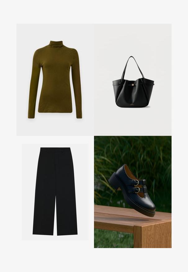 Langærmet, olivengrøn turtleneck-top lavet af blødt stof, med en tætsiddende silhuet og et slankt, minimalistisk design.; Breddebenede sorte bukser lavet af et glat stof. Har en flad talje med bæltestropper og ingen synlige lommer. Simpelt design.; Sort læder sko med dobbelt spænde og perforerede detaljer, der svæver over en træbænk udendørs med grøn græs og planter i baggrunden.; Sort læder-tote taske med to skulderremme, en lille guldlås og "Anna Field" logo på en hvid baggrund.