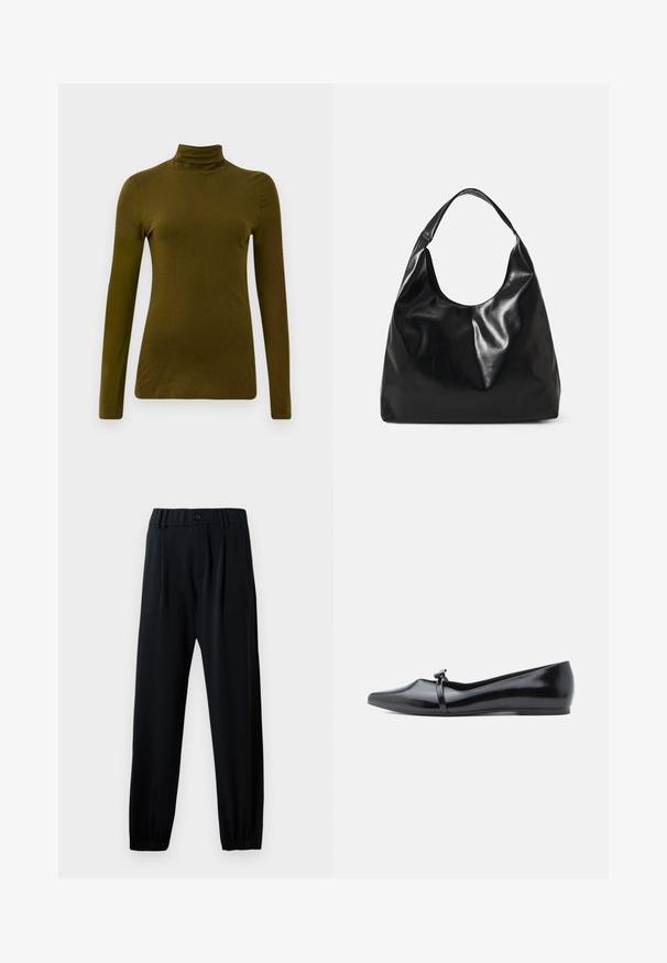 Langærmet, olivengrøn turtleneck-top lavet af blødt stof, med en tætsiddende silhuet og et slankt, minimalistisk design.; Sorte bukser med elastisk talje, knaplukning, lige ben og samlede manchetter. Fremstillet af et glat, let materiale.; Sort laklæderballerina med spids tå, dekorativ rem og glat tekstur. Minimalistisk design uden synlige detaljer.; Sort læder hobo taske med en blød, skinnende tekstur og en rund, åben top. Har en bred, buet strop til bæring. Ingen synlig hardware.