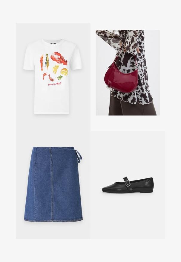 Camiseta blanca de algodón con un diseño impreso de langostas rojas, gambas y rodajas de limón, con el texto "mercado del mar" en rojo.; Falda envolvente de mezclilla en azul oscuro. Presenta un corte recto, costuras visibles y un lazo lateral para ajuste. Textura suave y dobladillo estándar.; Zapato plano de cuero negro con punta redondeada, una sola correa ajustable con hebilla y una textura suave y brillante. Diseño minimalista con un tacón bajo.; Mujer con blusa de estampado en blanco y negro sosteniendo un bolso de hombro rojo brillante sobre un fondo liso.