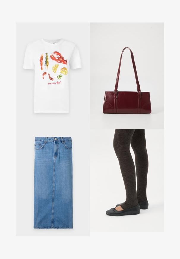 Camiseta blanca de algodón con un diseño impreso de langostas rojas, gambas y rodajas de limón, con el texto "mercado del mar" en rojo.; Falda midi de mezclilla en azul claro, con silueta recta, costura frontal y cintura estándar con cinco pasadores para cinturón y cierre de botón de metal.; Piernas con leggings oscuros acanalados combinados con bailarinas negras que presentan pequeños detalles de lazo sobre un fondo blanco.; Bolso burdeos hecho de material brillante, de forma rectangular, con dos asas para el hombro y sutiles acentos curvados en la parte frontal.