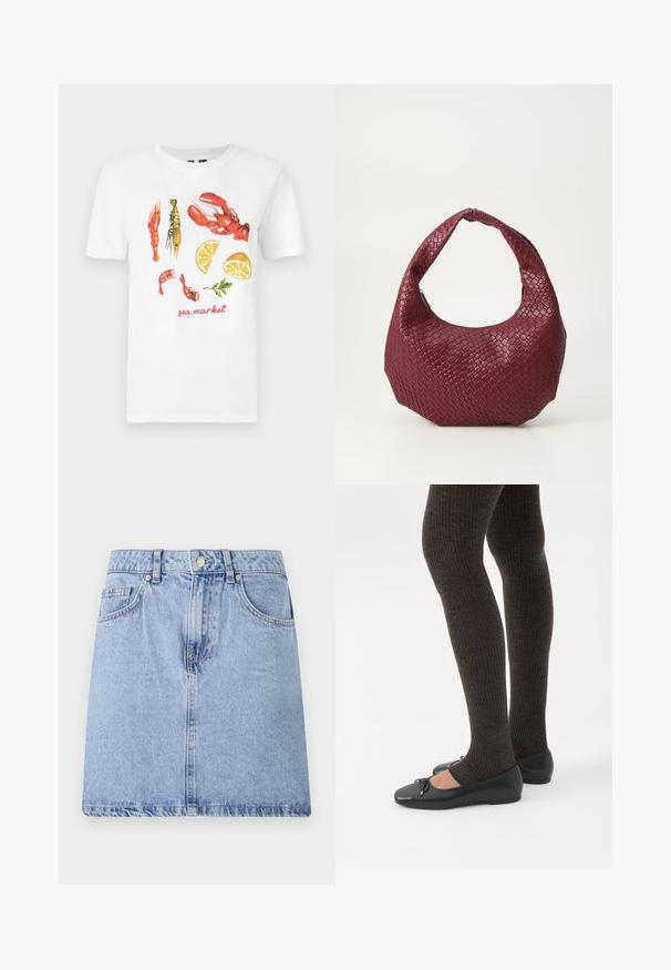Camiseta blanca de algodón con un diseño impreso de langostas rojas, gambas y rodajas de limón, con el texto "mercado del mar" en rojo.; Falda de mezclilla azul claro con diseño de cinco bolsillos, cierre delantero de botón y cremallera, y dobladillo sin rematar. Textura suave con un leve desgaste.; Piernas con leggings oscuros acanalados combinados con bailarinas negras que presentan pequeños detalles de lazo sobre un fondo blanco.; Bolso de mano burdeos tejido con una silueta redondeada, un solo asa y un acabado texturizado. Cierre con cremallera en la parte superior.