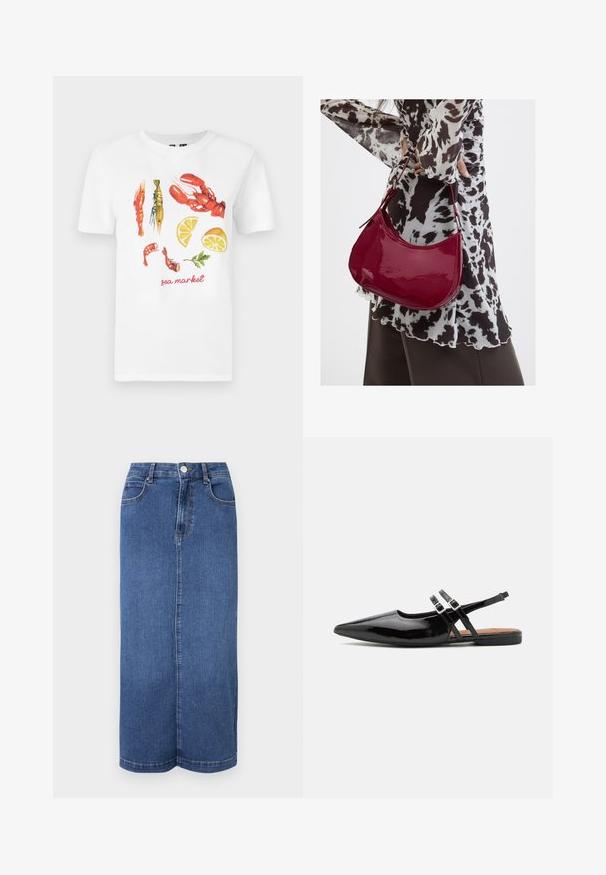 Witte katoenen t-shirt met een gedrukte afbeelding van rode kreeften, garnalen en schijfjes citroen, met de tekst "zeemarkt" in het rood.; Denim maxi rok in donkerblauw, met een rechte snit, een tailleband met knoopsluiting en minimale stikdetails.; Zwarte gepatineerde leren slingback schoenen hebben een spitse neus, twee banden met gespsieraden en een platte zool.; Vrouw met een zwart-wit gebloemde blouse houdt een glanzende rode schoudertas vast tegen een effen achtergrond.