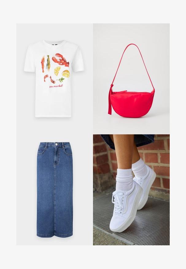 Hvid bomulds T-shirt med et trykt design af røde hummer, rejer og citron skiver, samt teksten "sea market" i rød.; Mørkeblå denim maxiskørt med lige snit, talje med knaplukning og minimale syninger.; Hvide lærreds sneakers med gummisåler, der har seks snørehuller, rund tå og let sømdetaljer, krydret med hvide ankelstrømper.; Rød læder skuldertaske med en buet form, en lynlåslukning og en tynd justerbar rem. Glat tekstur med syningsdetaljer.