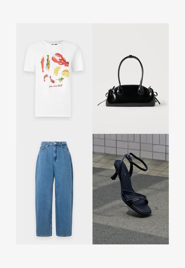 Camiseta blanca de algodón con un diseño impreso de langostas rojas, gambas y rodajas de limón, con el texto "mercado del mar" en rojo.; Pantalones de mezclilla de color azul claro con un ajuste de pierna recta, cintura alta y cierre frontal con botón. Cuenta con cinco bolsillos y detalles de costura mínimos.; Sandalia negra de tacón alto con tiras y hebilla en el tobillo flotando sobre un pavimento gris texturizado con fondo de pared de azulejos.; Pequeño bolso negro brillante con dos asas largas y detalles de cordón lateral sobre un fondo claro liso.