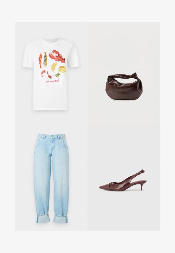 Camiseta blanca de algodón con un diseño impreso de langostas rojas, gambas y rodajas de limón, con el texto "mercado del mar" en rojo.; Vaqueros de denim azul claro con cintura alta, detalle de cinturilla trenzada, corte holgado y puños enrollados en el dobladillo. Presenta bolsillos frontales.; Tacón slingback de cuero burdeos con punta afilada, correa ajustable y detalle decorativo de lazo en la parte delantera. Altura del tacón de 3 pulgadas.; Bolso de hombro de cuero marrón oscuro con una forma suave y caída, y un asa con nudo torcido sobre un fondo blanco liso.
