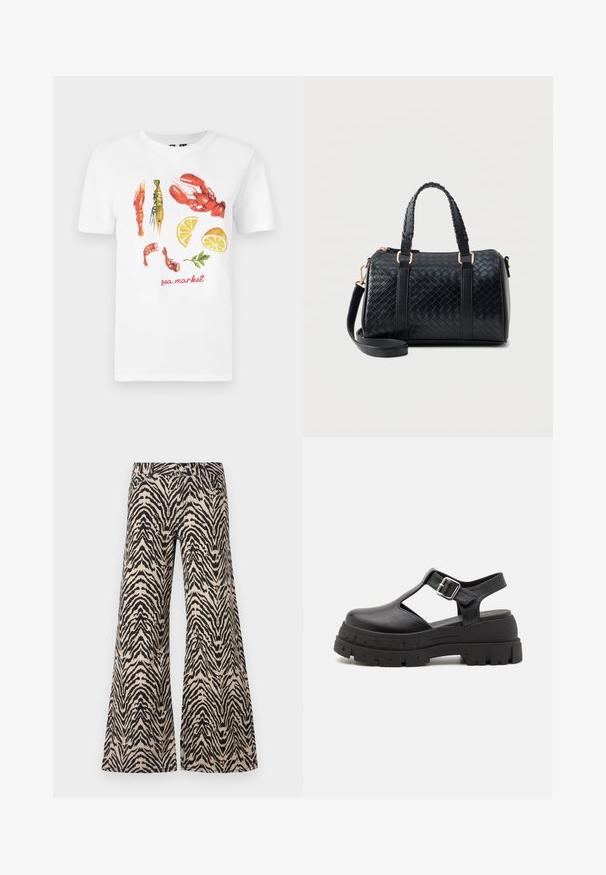 Hvid bomulds T-shirt med et trykt design af røde hummer, rejer og citron skiver, samt teksten "sea market" i rød.; Vide bukser lavet af stof med et beige og sort zebra mønster, med høj talje og traditionelt fem lomme design.; Sorte platform sandaler lavet af glat syntetisk materiale, med åben tå, udskæringsdesign, justerbar spænde og tykk, tekstureret sål.; Sort læderhåndtaske med flettet mønster, to korte håndtag og aftagelig lang rem, placeret mod en ensfarvet lys baggrund.