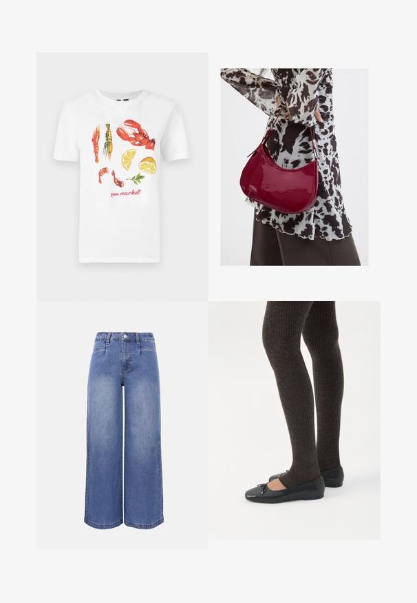 Hvid bomulds T-shirt med et trykt design af røde hummer, rejer og citron skiver, samt teksten "sea market" i rød.; Høj talje, vidde ben, blå denimjeans med forlommer, bæltestropper, knaplukning og diskret falmen på ben og lår.; Ben iført mørke ribbede leggings kombineret med sorte balletsko med små sløjfedetaljer på hvid baggrund.; Kvinde iført en sort- og hvidmønstret bluse, der holder en blank rød skuldertaske mod en ensfarvet baggrund.
