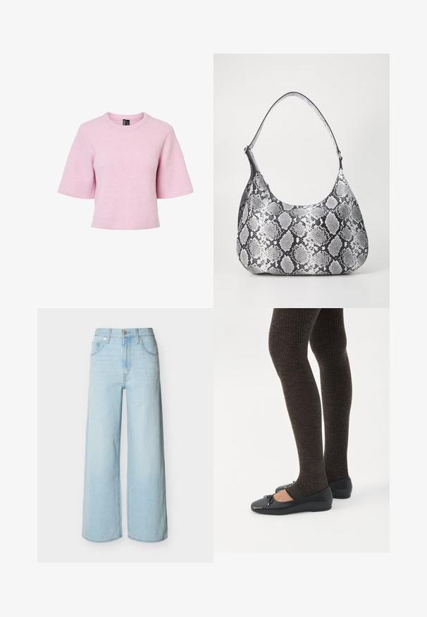 Kortærmet, lyserød strikket pullover med ribbet struktur og rund halsudskæring, der har en afslappet pasform og en cropped kant.; Lyseblå vidbenede jeans med forreste knap- og lynlås-lukning, bæltestropper og klassisk design med fem lommer.; Ben iført mørke ribbede leggings kombineret med sorte balletsko med små sløjfedetaljer på hvid baggrund.; Sort-hvid slangemønster skuldertaske med en rund form, glat tekstur og en buet rem. Har et sølvfarvet hardware-accents.