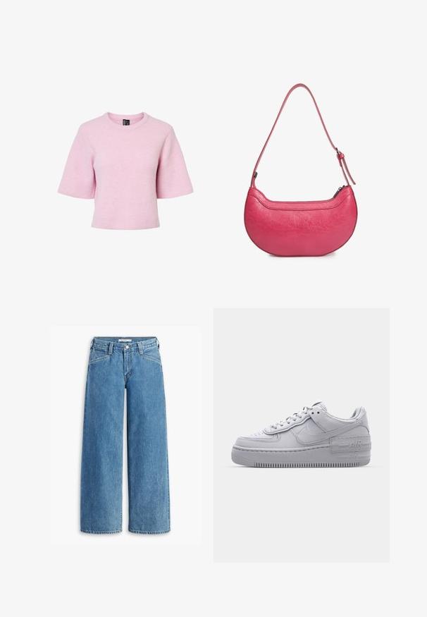 Kortærmet, lyserød strikket pullover med ribbet struktur og rund halsudskæring, der har en afslappet pasform og en cropped kant.; Lysblå bredbenede jeans lavet af denim, med høj talje, fem lommer og en klassisk knaplukning. Lige snit fra lår til kant.; Grå Nike Air Force 1 sneakers med perforeret tå, glat læderoverdel, tyk sål og præget 'AIR' detalje på hælen.; Lyserød læderhandbag med en buet form, en enkelt justerbar skulderrem og en top-lynlås. Tekstureret overflade med synlige folder.