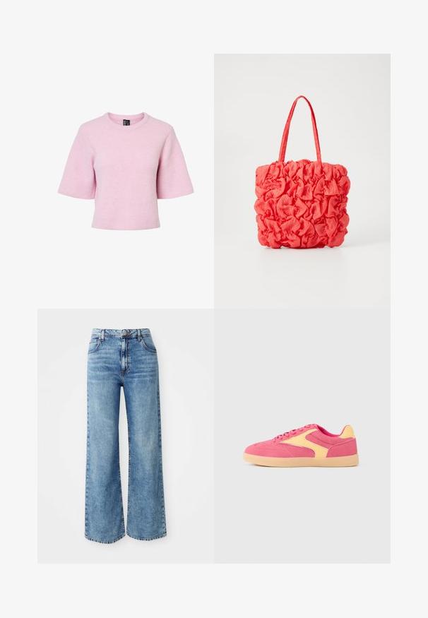 Jersey de punto rosa de manga corta con textura acanalada y escote redondo, con un ajuste holgado y un dobladillo corto.; Jeans de mezclilla anchos de color azul claro con cintura alta, que cuentan con cinco bolsillos, cierre de botón en la parte superior y costuras en contraste a lo largo de las costuras.; Zapatilla deportiva de ante rosa con detalles beige, suela beige y cordones rosas, vista de lado sobre un fondo liso gris claro.; Bolsa de mano coral con un diseño texturizado y fruncido. Hecha de una tela suave, cuenta con dos asas resistentes y un interior espacioso.