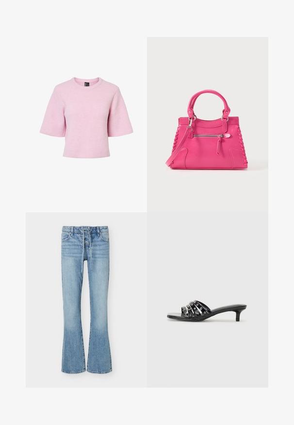Kortærmet, lyserød strikket pullover med ribbet struktur og rund halsudskæring, der har en afslappet pasform og en cropped kant.; Lyseblå denim flare jeans med snørelukning foran, fem lommer og bæltestropper, med falmede detaljer på lår og knæ.; Sorte hælede sandaler med flere glossy stropper og metalliske accenter, med en spids tå og beskedne kittenhæle. Glat tekstur.; Rosa læderhåndtaske med dobbelte håndtag, dekorativ sidesnøring og en lynlåslomme foran. Glat tekstur, struktureret form.