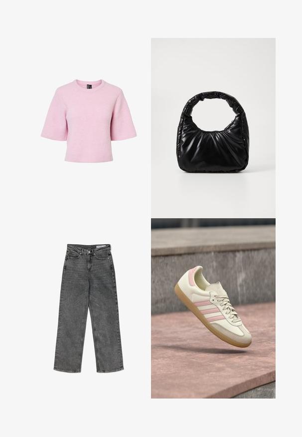 Kurzärmeliger, rosa gestrickter Pullover mit geripptem Muster und rundem Ausschnitt, der eine lockere Passform und einen gekürzten Saum aufweist.; Schwarze, hoch taillierte, gewaschenen Straight-Leg-Jeans mit Fronttaschen, Gürtelschlaufen, Knopfverschluss und einem markierten Innenbund-Label.; Beiger Sneaker aus Leder mit pinken Akzenten, drei Seitenstreifen, abgerundeter Spitze und einer strukturierten Gummisohle. Leicht gepolsterter Kragen.; Schwarze gepolsterte Handtasche mit einem runden Griff, die eine glatte, glänzende Oberfläche und eine weiche, gestepfte Textur aufweist. Keine sichtbare Hardware oder Akzente.