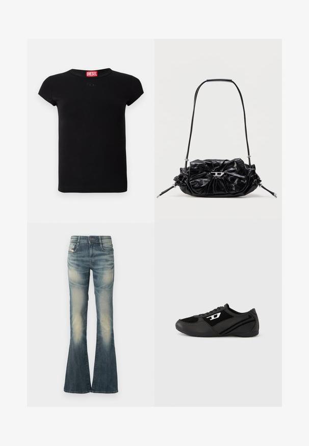 Schwarzes, tailliertes Kurzarm-T-Shirt mit Rundhalsausschnitt und rotem Diesel-Logo-Tag im Kragen.; Jeans aus Denim mit ausgestelltem Bein in verblasstem Blau und leichter Used-Optik. Mit einer vorderen Knopfverschlusss, fünf Taschen und einer Taille mit mittlerer Bundhöhe.; Schwarze Sportschuhe mit Obermaterial aus Wildleder und Synthetik, mit strukturiertem Design, rundlicher Zehenpartie und flacher Sohle. Silbernes Logo-Detail an der Seite.; Schwarze Lederhandtasche mit gerafftem Design und Schleifendetail auf der Vorderseite. Verfügt über einen kurzen Griff und silberne Hardware-Akzente.