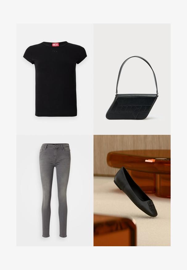 Sort kortærmet tætsiddende T-shirt med rund halsudskæring og rød Diesel-logo etiket indeni kraven.; Skræddersyede jeans i grå denim med høj talje, lynlås og forlommer. Stoffet har en subtil struktur og let falmning.; Sort lædersko med flad hæl og præget bogstaver på tæerne, sat mod en beige tæppe og brunt gennemsigtigt møbler baggrund.; Sort skuldertaske i læder med trekantet form, præget logo og en enkelt justerbar rem. Minimalistisk design med glat tekstur.