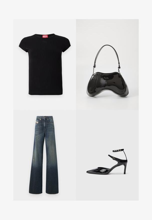 Schwarzes, tailliertes Kurzarm-T-Shirt mit Rundhalsausschnitt und rotem Diesel-Logo-Tag im Kragen.; Weit geschnittene Jeans aus Denim in Dunkelblau mit einem ausgewaschenen Finish, mit einem abgenutzten Knie und klassischem Fünf-Taschen-Design mit Label.; Schwarze Lacklederabsätze mit spitzer Zehenpartie, verstellbaren Knöchelriemen und einem schlanken Absatz. Glatte Textur mit glänzender Oberfläche.; Schwarze Handtasche aus lackiertem Leder mit einer einzigartigen, geschwungenen Form, kurzem verstellbarem Griff und einem Reißverschluss oben. Glatte Textur mit dezentem Branding.