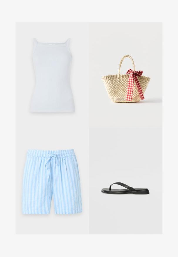 Top de tirantes estrechos en azul claro con canalé y escote recto. Hecho de una tela suave, presenta un diseño ajustado y un detalle mínimo.; Pantalones cortos azul claro con rayas verticales blancas, cintura elástica y cordón frontal anudado, mostrados sobre un fondo claro liso.; Chancla negra de piel suave, con un diseño de tira delgada y una suela plana de perfil mínimo. Sin patrones ni acentos notables.; Bolso tote de paja tejido con asas trenzadas y un lazo de cinta a cuadros rojos y blancos atado a un lado.