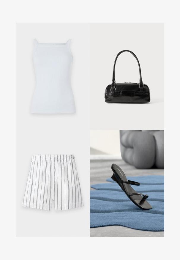 Lysblå ribbet tanktop med smalle stropper og lige halsudskæring. Fremstillet af blødt stof, med en tætsiddende pasform og minimal udgave.; Hvide shorts med tynde lodrette grå striber, en elastisk talje og en komfortabel pasform. Fremstillet af letvægtsstof for åndbarhed.; Sort sandal med remme og tå-loop vist på et blåt tekstureret tæppe, med en stor grå dekorativ genstand sløret i baggrunden.; Sort læderhåndtaske med rektangulær form, der har et enkelt struktureret håndtag, sølvhardware og lynlås-lukning. Glat tekstur.