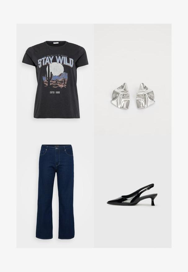 Zwarte katoenen t-shirt met een grafische print van een woestijnlandschap met cactussen, een maan en de tekst "STAY WILD" in blauwe letters.; Donkerblauwe denim jeans met een rechte snit, voorzien van een ritsgulp, vijf zakken en zichtbare stikseldetails.; Zwarte lakleren slingback schoenen met een spitse neus en een lage blokhak. Verstelbare gespband bij de enkel.; Zilveren metalen oorbellen met een golvend, sculpturaal ontwerp, voorzien van een gepolijste afwerking en onregelmatige vormen, die een hedendaagse esthetiek benadrukken.