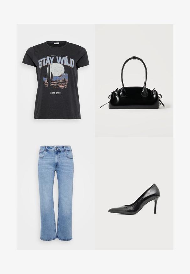 Zwarte katoenen t-shirt met een grafische print van een woestijnlandschap met cactussen, een maan en de tekst "STAY WILD" in blauwe letters.; Lichtblauwe wijde jeans gemaakt van denim, met vijf zakken, een rits aan de voorkant en een knoopsluiting. Subtiele stikdetails langs de naden.; Zwarte lakleren damesschoen met hoge hak, puntige neus en smalle hak op een effen lichte achtergrond.; Kleine zwarte glanzende handtas met twee lange hengsels en zijkant trekkoord details op een effen lichte achtergrond.