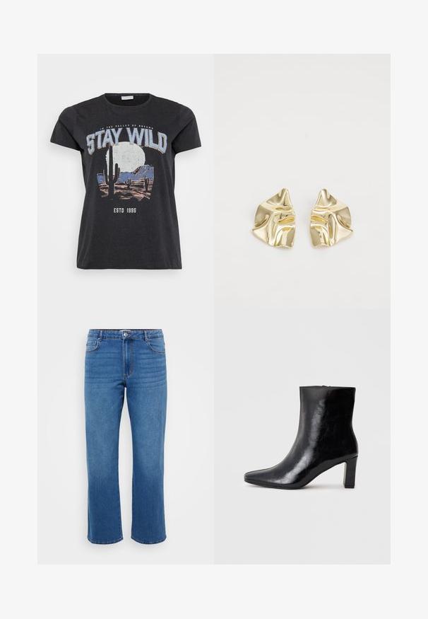 Zwarte katoenen t-shirt met een grafische print van een woestijnlandschap met cactussen, een maan en de tekst "STAY WILD" in blauwe letters.; Blauwe denim jeans met een rechte pijp, voorzien van een knoopsluiting, een klassiek vijf-pocketdesign en een subtiele vervaging op de dijen.; Zwarte enkellaars gemaakt van glanzend leer, met een puntige neus en een gemiddelde blokhak, voorzien van een gladde textuur en een eenvoudig ontwerp.; Gouden metallic oorbellen met een golvend ontwerp; glad, weerspiegelend oppervlak; asymmetrische vorm; geen zichtbare patronen of hardware.
