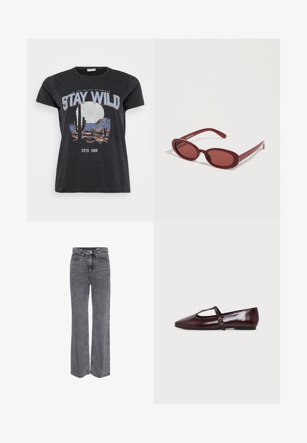 Camiseta de algodón negra con un estampado gráfico de una escena del desierto con cactus, una luna y la frase "MANTENTE SALVAJE" en letras azules.; Vaqueros de mezclilla gris de tiro alto y pierna recta, con cierre frontal de botón y cremallera, y diseño clásico de cinco bolsillos.; Zapato plano de cuero burdeos oscuro con punta puntiaguda y una fina tira en forma de T con hebilla plateada sobre un fondo blanco.; Gafas de sol ovaladas rojas con lentes semitransparentes y una montura de plástico lisa. Las varillas son delgadas y cuentan con un logo blanco.