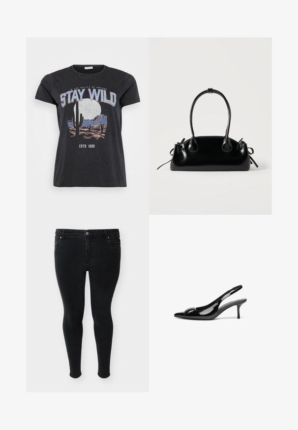 Schwarzes Baumwoll-T-Shirt mit einem grafischen Druck einer Wüstenlandschaft mit Kakteen, einem Mond und dem Schriftzug "STAY WILD" in blauer Schrift.; Schwarze Skinny-Jeans mit vorderer Knopfleiste, Reißverschluss und Fünf-Taschen-Stil, vor einem schlichten Hintergrund präsentiert.; Schwarze patentierte Slingback-Absätze mit spitzem Zehenbereich und glänzender Oberfläche. Besitzt einen schlanken Absatz und eine abgerundete Akzentuierung am Schuhoberteil.; Kleine schwarze glänzende Handtasche mit zwei langen Griffen und seitlichen Kordelzug-Details vor einfachem hellem Hintergrund.