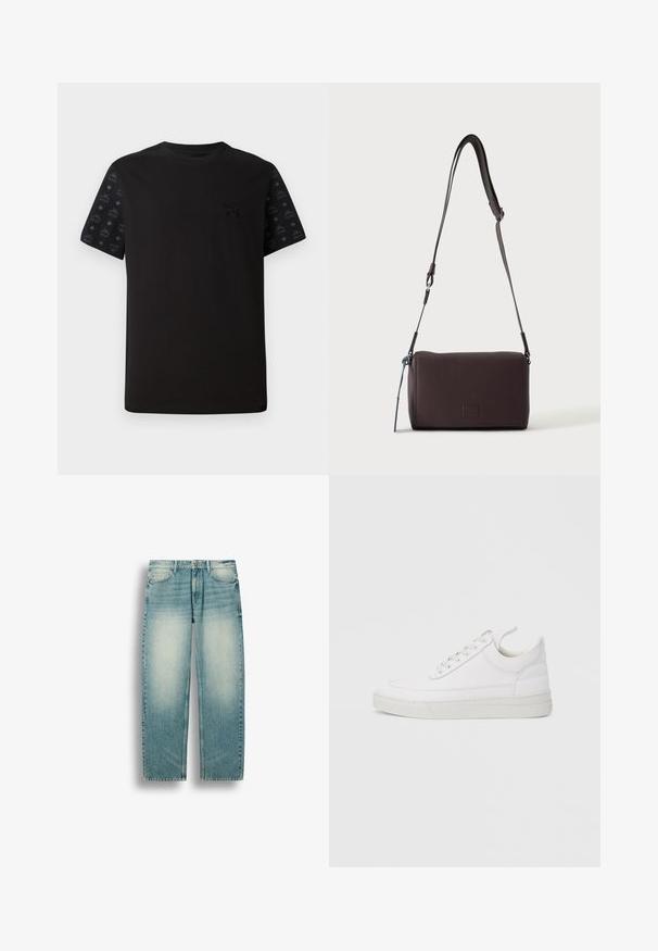 T-shirt noir à manches courtes avec un devant uni et des accents noirs à motifs sur les manches. Le matériau semble doux et lisse.; Jean droit en denim bleu clair avec des zones délavées sur les cuisses, poches avant, passants de ceinture et fermeture par bouton à la taille.; Baskets en cuir blanc avec un embout arrondi, une semelle plate et un laçage à l'avant. Présentent des détails de couture et un col rembourré pour plus de confort.; Sac bandoulière en cuir marron foncé texturé avec une sangle réglable et un petit accent décoratif bleu sur le côté.