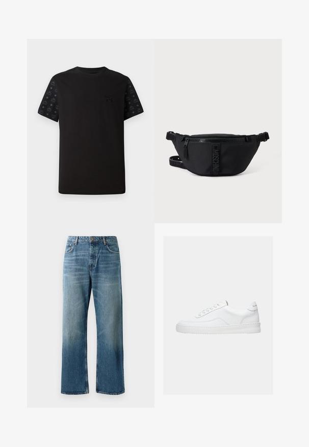 Zwarte t-shirt met korte mouwen, met een effen voorkant en zwart met patroon op de mouwen. Het materiaal lijkt zacht en glad te zijn.; Lichtblauwe wijde jeans met een vervaagde wassing, voorzien van een enkele knoopsluiting, vijf zakken en contrasterende stiksels.; Witte lage sneaker met vetersluiting, glad leren bovenwerk en dikke zool, gezien vanuit de zijkant tegen een effen achtergrond.; Zwarte Moschino heuptas met rits aan de voorkant en verstelbare band op een egale lichte achtergrond.